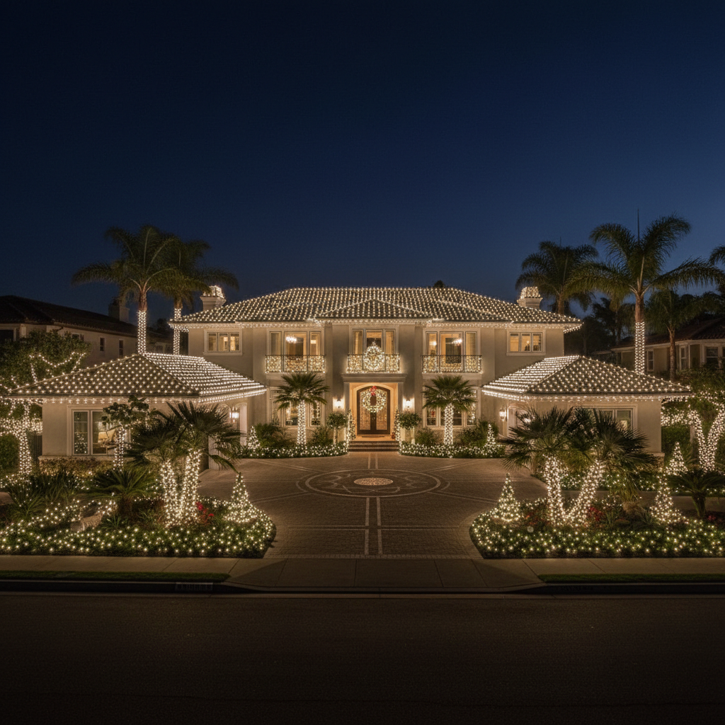 Coastal Luxury Estate, Newport Beach with Christmas lights